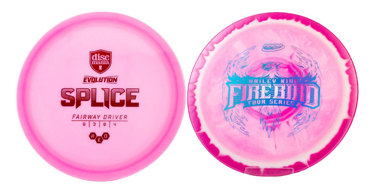 A photo comparing a pink Discmania Splice vs Firebird on a white background