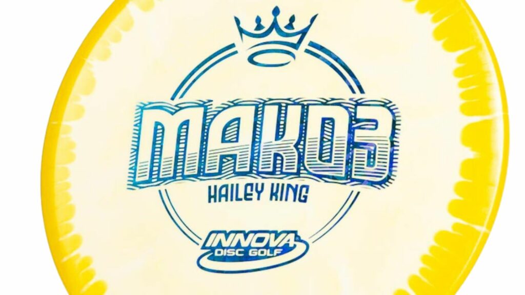 A yellow/white marbled colored Innova Hailey King Mako3 Disc with Blue stamp