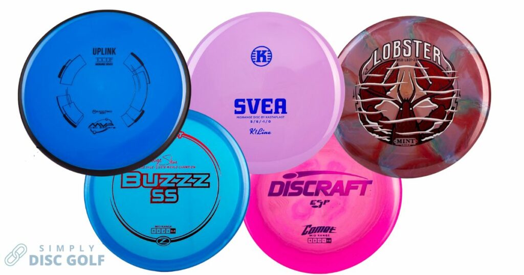 Five of the best understable midrange disc golf discs on a wite background